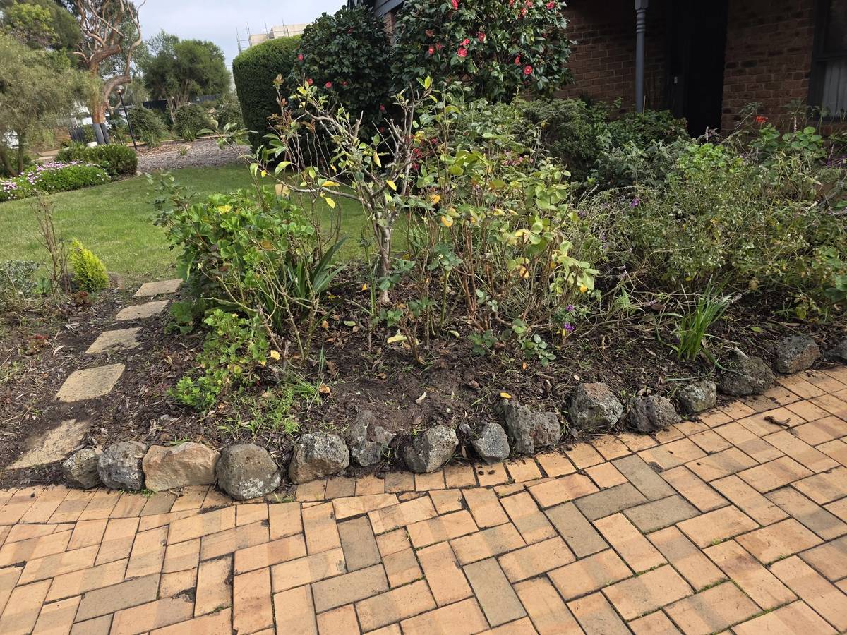 The same garden bed cut back to its rock edging with the brick paving swept clean